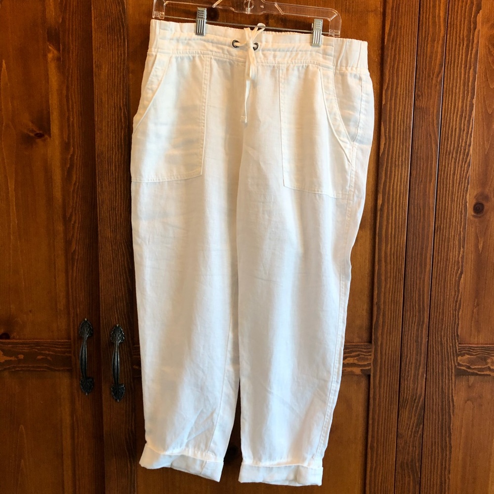 Athleta Cropped White Linen Drawstring Pants